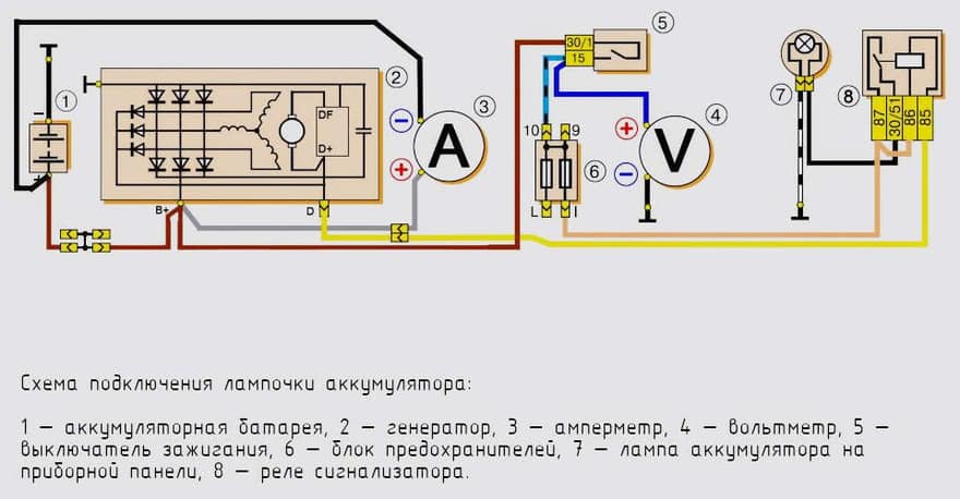Схема подключения лампочки аккумулятора